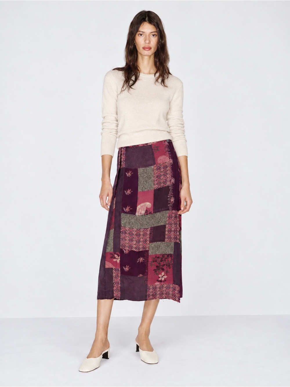 Vintage J. Jill Patchwork Silk Midi Wrap Skirt Purple Burgundy Size 8P 703
